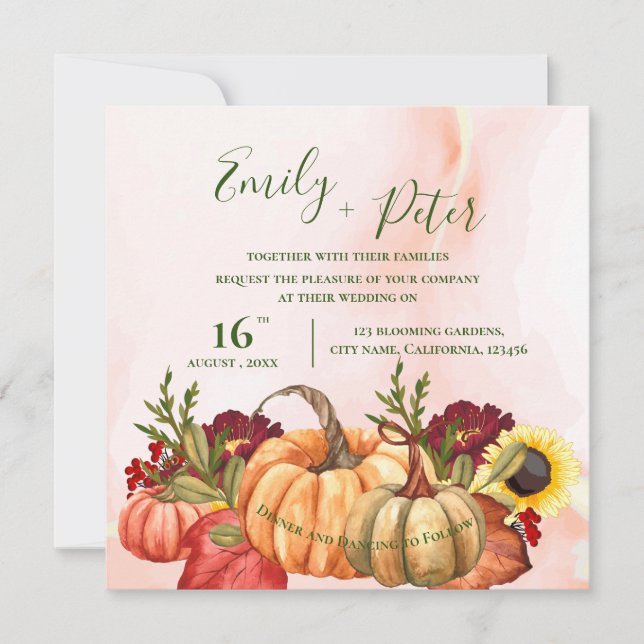 Cute Pumpkin Autumn Leaves Floral Fall Wedding (Front)