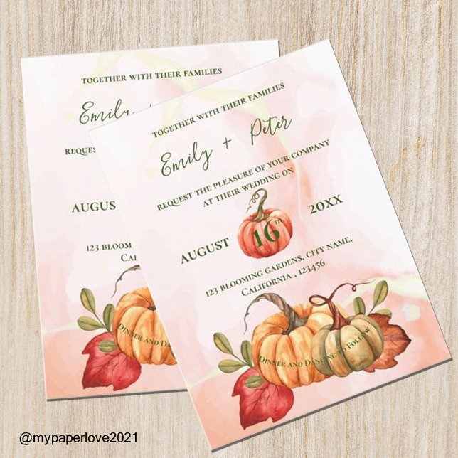 Cute Pumpkin autumn Leaves Monogram Fall Wedding Invitation Postcard (Creator Uploaded)