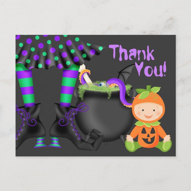 Cute Pumpkin Baby n Witch Legs Halloween Thank You Postcard (Front)