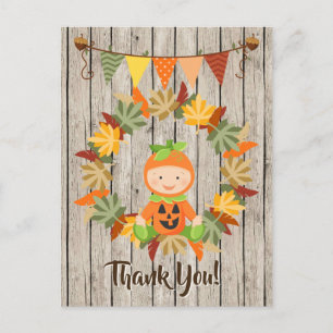 Cute Pumpkin Baby, Wreath of Leaves Fall Thank You Postcard