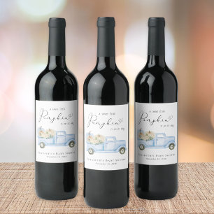 Cute Pumpkin Blue Truck Watercolor Baby Boy Shower Wine Label