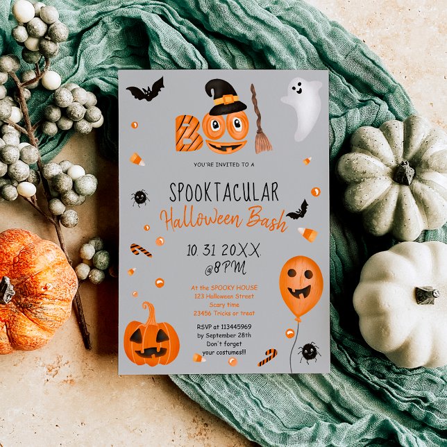 Cute pumpkin Boo Halloween bash grey Invitation (Cute pumpkin Boo Halloween bash gray Invitation)