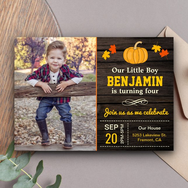 Cute Pumpkin Boy Autumn Birthday Photo Invitation (Creator Uploaded)