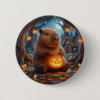 Cute Pumpkin Bucket Cottage Capybara Button Pin