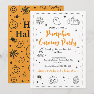 Cute Pumpkin Carving Party Halloween Doodles Invitation