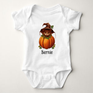 Cute Pumpkin Cat Jack O Lantern Halloween Name Baby Bodysuit