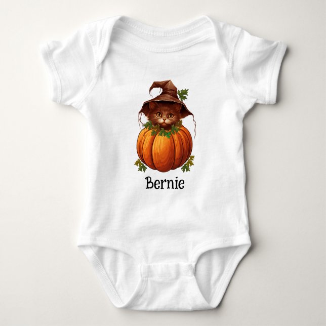 Cute Pumpkin Cat Jack O Lantern Halloween Name Baby Bodysuit (Front)