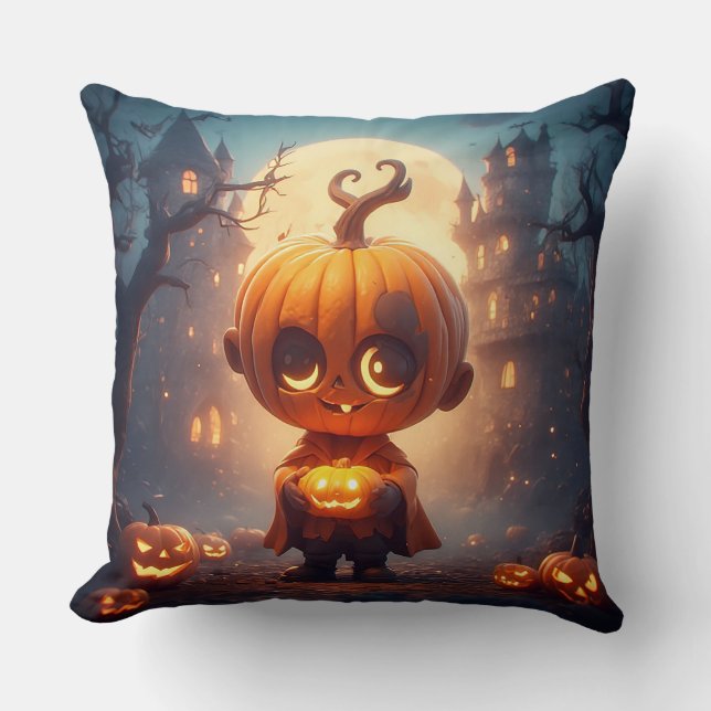 Cute Pumpkin Character in Spooky Halloween Setting Cushion (Front)