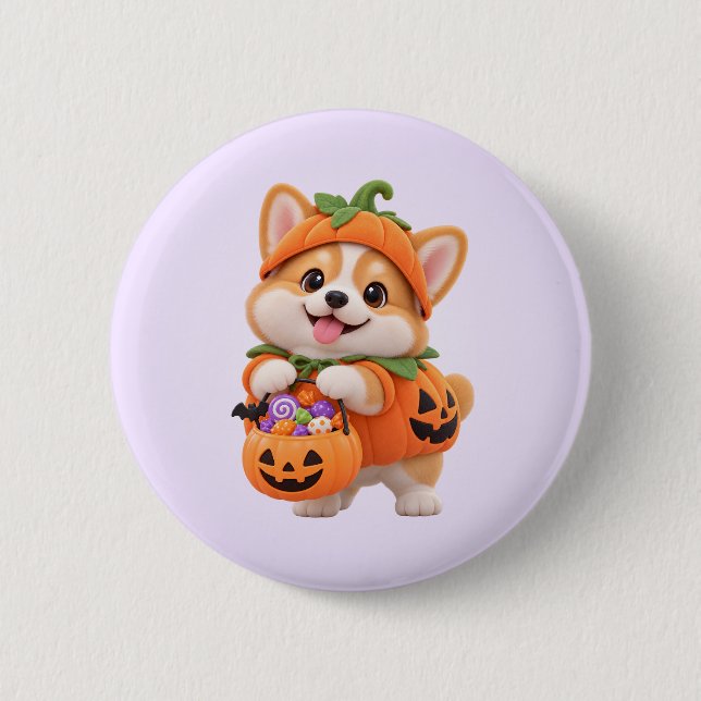 Cute Pumpkin Corgi Halloween Button Pin (Front)