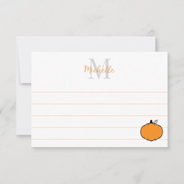 Cute Pumpkin Drawing Custom Monogram Lined Card (Front)