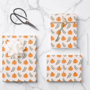 Cute Pumpkin Eucalyptus Fall Pattern Wrapping Paper Sheet