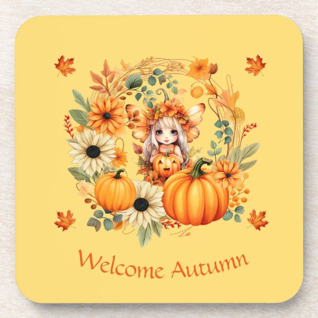 Cute Pumpkin Fairy in Autumn Wreath Coaster (Front)