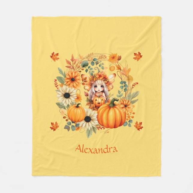 Cute Pumpkin Fairy in Autumn Wreath Fleece Blanket (Front)
