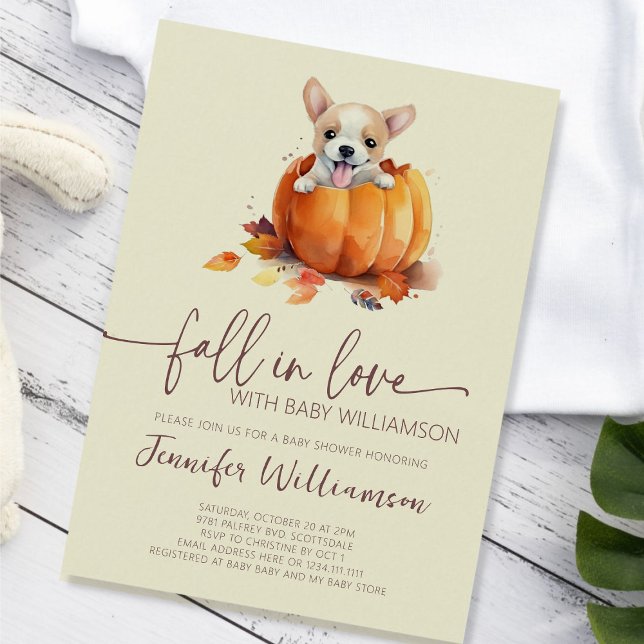 Cute Pumpkin Fall in Love Baby Shower Invitation (Cute Little Pumpkin Puppy Fall in Love Baby Shower Invitation)