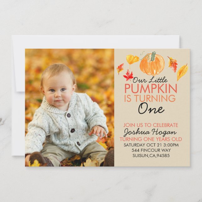 Cute pumpkin first birthday photo card (Front)