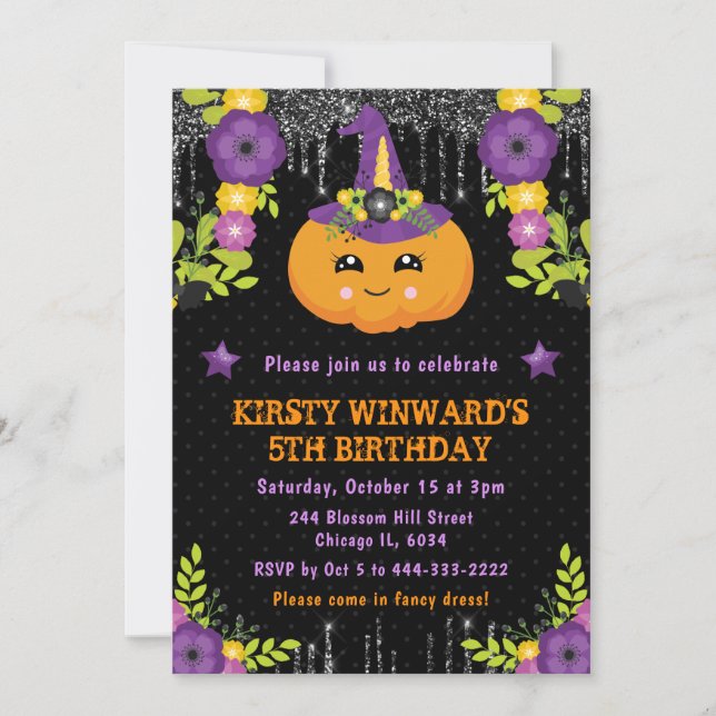 Cute Pumpkin Floral Halloween Birthday Invitation (Front)