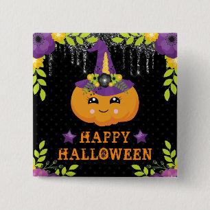 Cute Pumpkin Floral Happy Halloween 15 Cm Square Badge