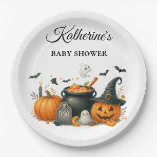Cute Pumpkin Gender Neutral Halloween Baby Shower Paper Plate