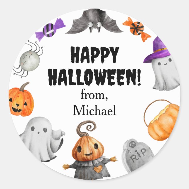 Cute Pumpkin Ghost & Bat Halloween Classic Round Sticker (Front)