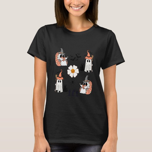 Cute Pumpkin Ghost Boo Cat Bats Pattern Halloween T-Shirt (Front)