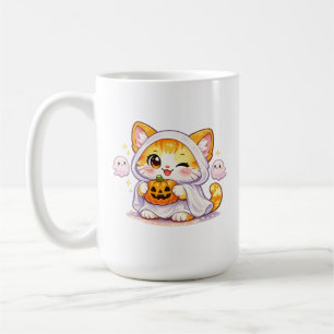 Cute Pumpkin Ghost Kitty – Kawaii Halloween Cat Coffee Mug