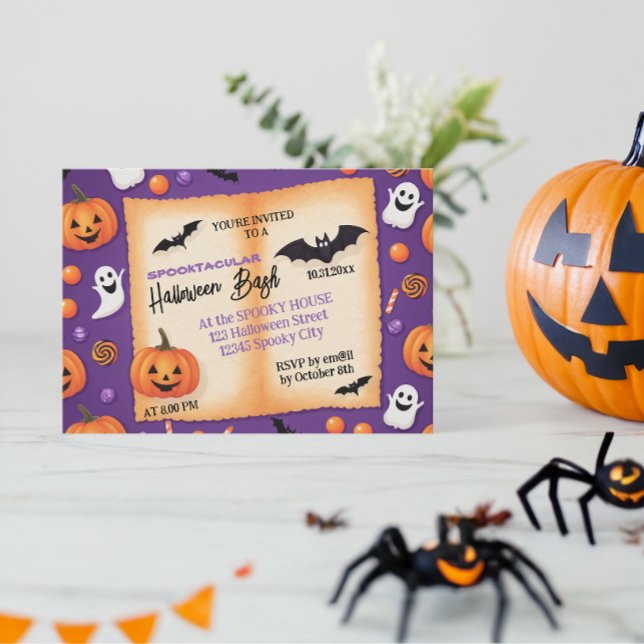 Cute pumpkin Halloween Bash Orange Purple Invitation (Creator Uploaded)