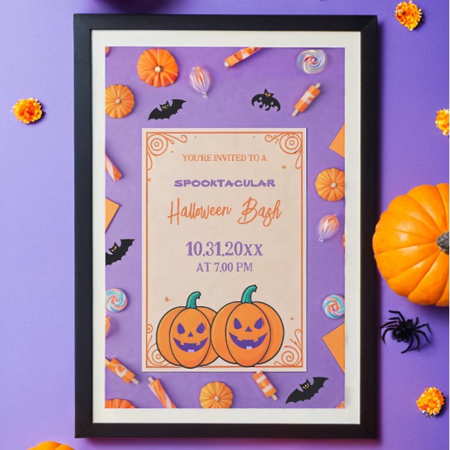 Cute pumpkin Halloween Bash Orange Purple Invitation (Creator Uploaded)