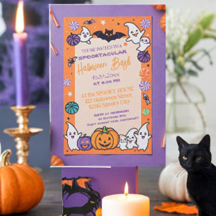 Cute pumpkin Halloween Bash Orange Purple Invitation