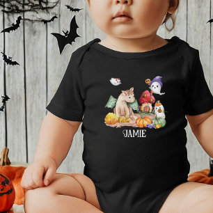 Cute Pumpkin Halloween Fantasy Dinosaur Name Baby Bodysuit