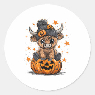 Cute Pumpkin Highland Cow Halloween Cow Lover Boy Classic Round Sticker