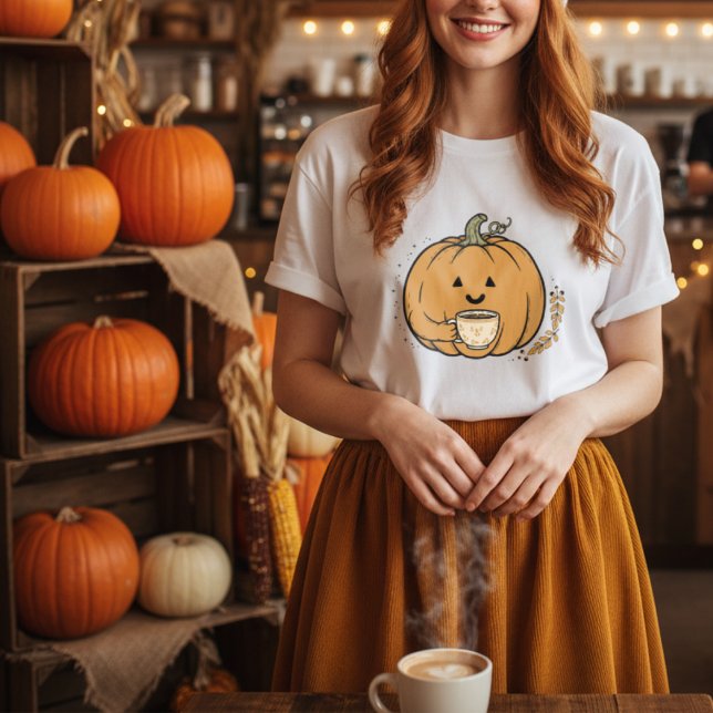 Cute pumpkin holding coffee mug Fall T-Shirt (Creator Uploaded)