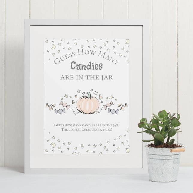 Cute Pumpkin How Many Candies Baby Shower Game Poster (Elegant & Whimsical Fall Baby Shower Game Poster. Frame Not Included. Hand-Drawn Pumpkin Drawing.)