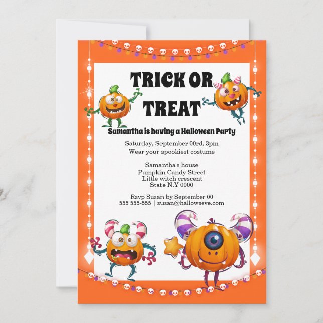 Cute pumpkin monsters kids halloween costume party invitation (Front)