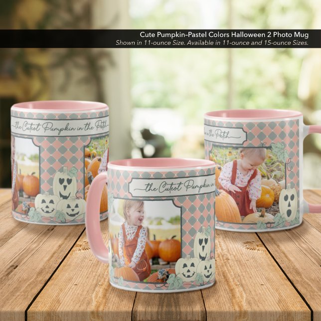 Cute Pumpkin–Pastel Colours Halloween 2 Photo  Mug (Cute Pumpkin–Pastel Colors Halloween Mug–Customize with two (2) Photos.)