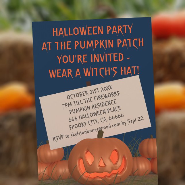 Cute Pumpkin Patch Halloween Party Invitation (You're invited to wear a witches hat at your Halloween party! Fun pumpkin invitation!)