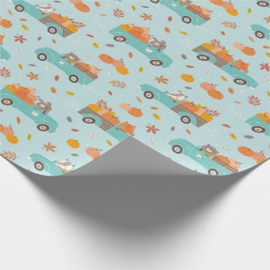 Cute Pumpkin Patch Trucks with Animals light blue Wrapping Paper