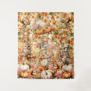 Cute Pumpkin Patch Visitors Halloween Backdrop Tapestry