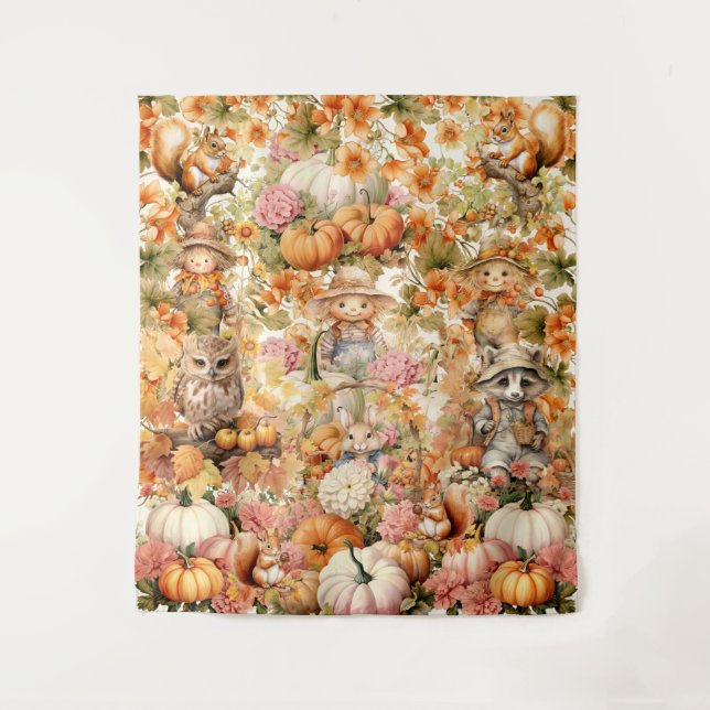 Cute Pumpkin Patch Visitors Halloween Backdrop Tapestry (Front)