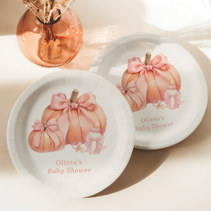 Cute Pumpkin Pink Bow Baby Shower Paper Plate