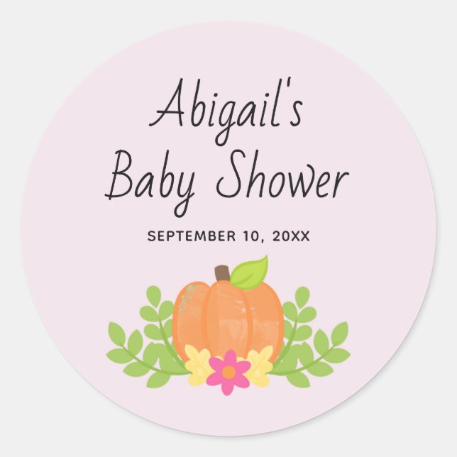 Cute Pumpkin Pink Fall Baby Shower Classic Round Sticker (Front)