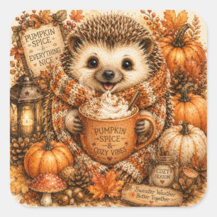 Cute Pumpkin Spice Hedgehog Watercolor Art Square Sticker