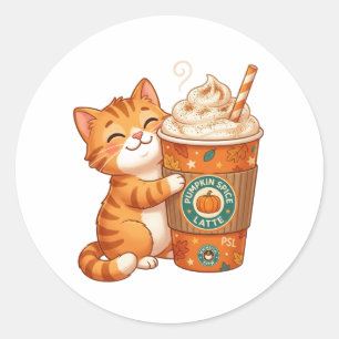 Cute Pumpkin Spice Latte Cat Cosy Autumn Halloween Classic Round Sticker