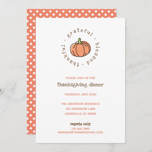 Cute Pumpkin Thankful Polka Dots Thanksgiving Invitation (Front/Back)
