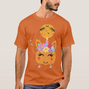 Cute Pumpkin Unicorn Face Halloween Flower Pumpkin T-Shirt
