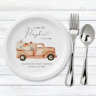 Cute Pumpkin Vintage Truck Watercolor Baby Shower Paper Plate