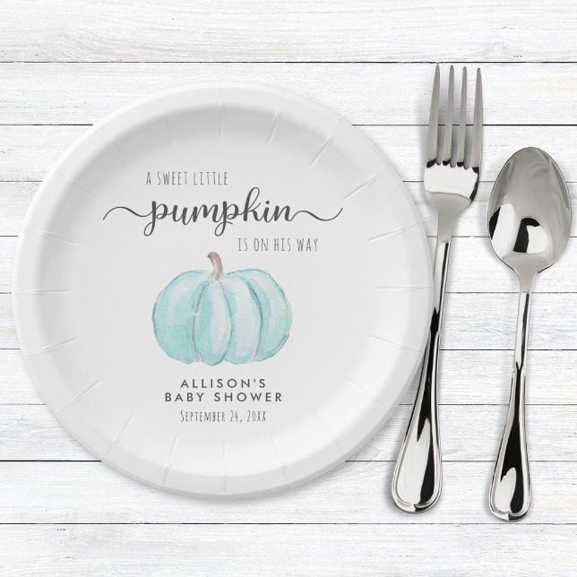 Cute Pumpkin Watercolor Boy Baby Shower Paper Plate (Creator Uploaded)