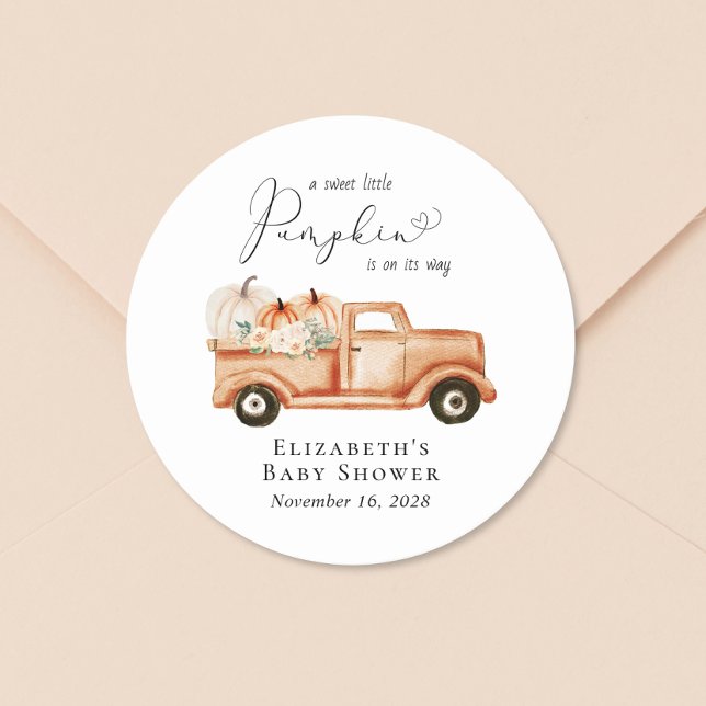 Cute Pumpkin Watercolor Truck Baby Shower Classic Round Sticker (Creator Uploaded)