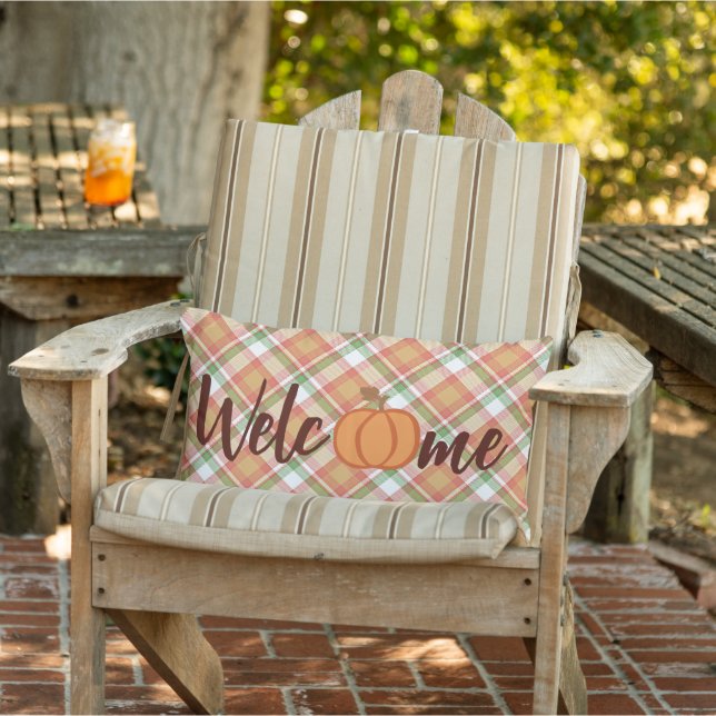 Cute Pumpkin Welcome Fall Orange Green Gingham Lumbar Cushion (Chair)