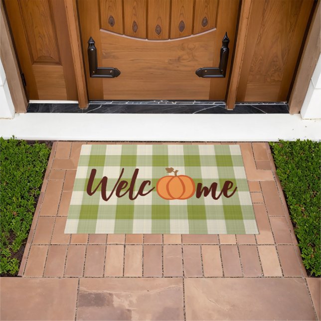 Cute Pumpkin Welcome Wordart On Fall Green Gingham Doormat (Outdoor)