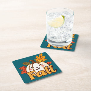 Cute Pumpkin with Fall Leaves Square Paper Coaster